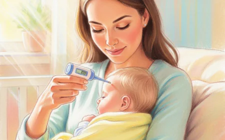 Mother checking baby’s temperature with a digital thermometer