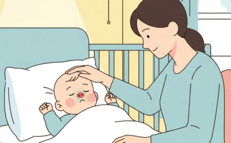 Parent comforting baby with a stuffy nose in bed