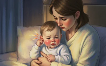 Parent comforting baby with ear pain at night