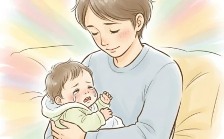 Parent gently cuddling and rocking a crying sick baby