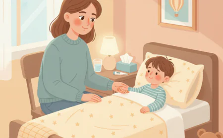 Mother holding a baby with a thermometer, looking calm while comforting the child.