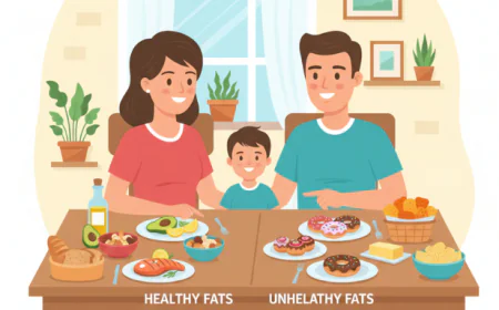 Parents teaching a child about good fats and bad fats, with healthy foods like salmon, avocado, and nuts on one side, and unhealthy foods like fried snacks and pastries on the other.
