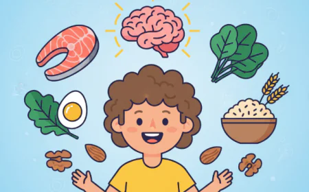 Smiling child with a glowing brain illustration above their head, surrounded by foods rich in B vitamins such as salmon, eggs, leafy greens, whole grains, and nuts.