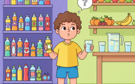 Child holding a bottled drink in one hand and a glass of water in the other, choosing between colorful bottled beverages and fresh natural options.