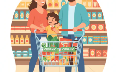 Parents shopping with their child, comparing organic foods like leafy greens, fruits, milk, and eggs with conventional packaged products.