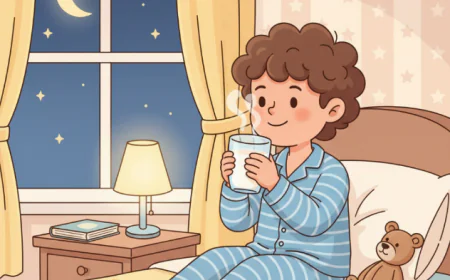 Child in pajamas drinking a glass of warm milk before bedtime in a cozy bedroom with moonlight outside the window.