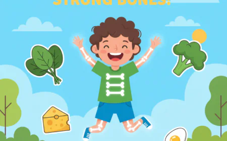 Happy child jumping outdoors with glowing strong bones, surrounded by foods rich in vitamin K such as spinach, broccoli, cheese, and eggs.
