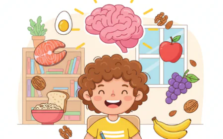 Smiling child studying at a desk with a glowing brain icon above their head, surrounded by healthy foods like salmon, eggs, whole grains, fruits, and nuts.