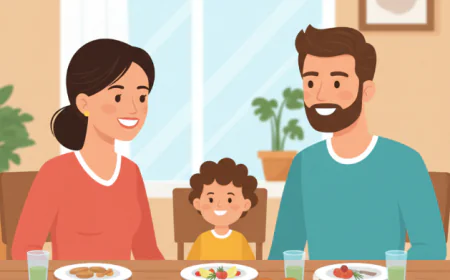 Happy family with parents and a young child sitting at the dining table, enjoying a healthy meal with vegetables, fruits, grains, and fish.