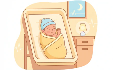 Peaceful preterm baby sleeping on their back in a crib, wrapped in a light blanket, with a soft glowing background symbolizing safety and care.
