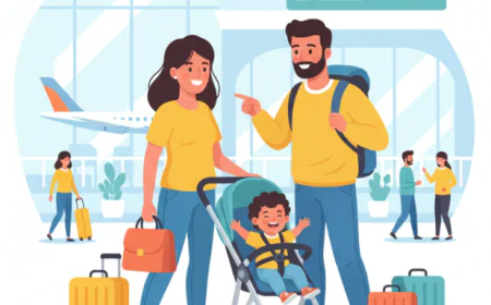 Happy family with a baby at the airport, carrying luggage and a stroller, preparing safely for their first trip together.