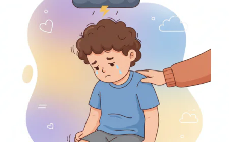 Young child sitting with head down, surrounded by emotional symbols like tears and storm clouds, while a parent gently comforts with a hand on the shoulder.
