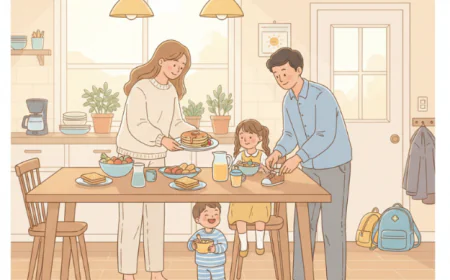 Cheerful family getting ready in the morning with breakfast on the table, showing an organized and stress-free start to the day.