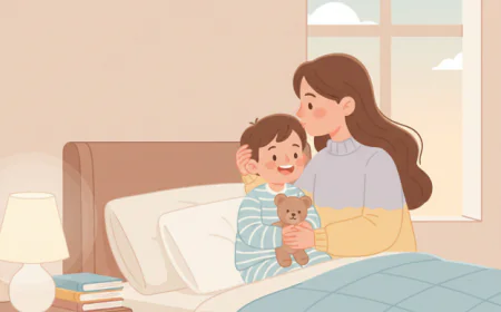 Parent and child sitting on the floor together, smiling while playing with toys or reading a colorful picture book, showing warm family bonding.