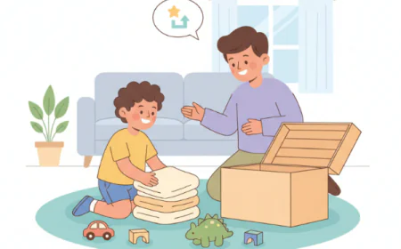 Child happily folding clothes while a parent smiles nearby, showing how chores can teach kids responsibility and life skills.