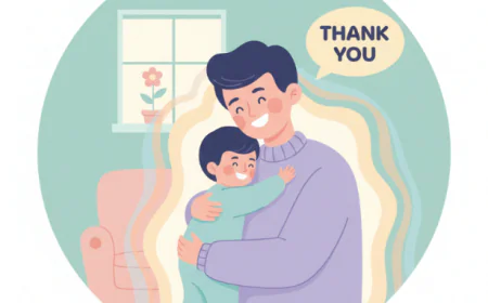 Parent and child hugging warmly while saying “thank you,” symbolizing love and gratitude in family life.