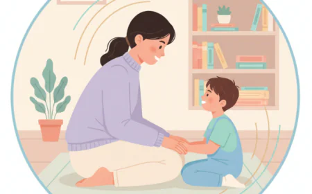 Parent calmly talking to a child at eye level, both smiling, showing respect and positive discipline.