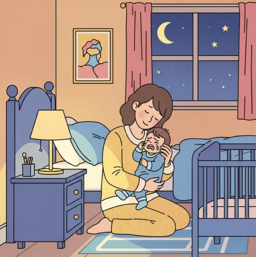 Mother comforting crying baby at night in bedroom with soft light and moon outside – baby sleep struggles