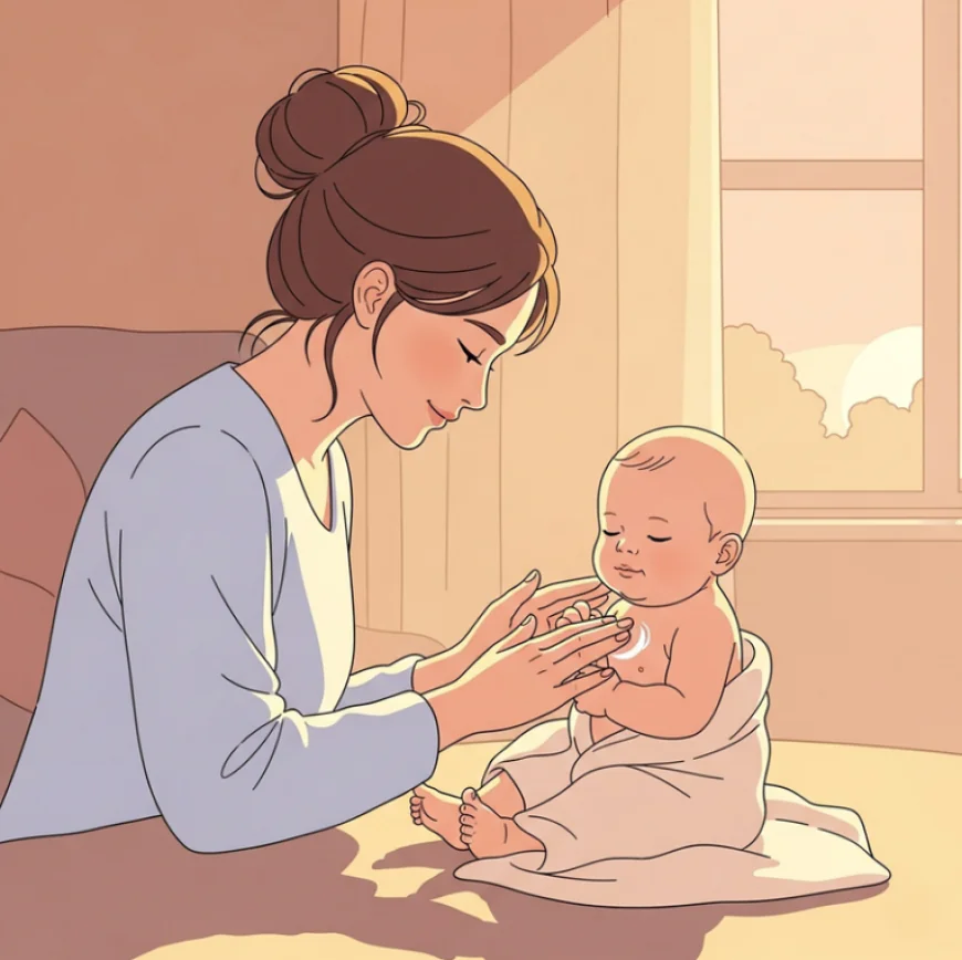 Mother gently moisturizing newborn baby’s skin after bath in a cozy room with warm light