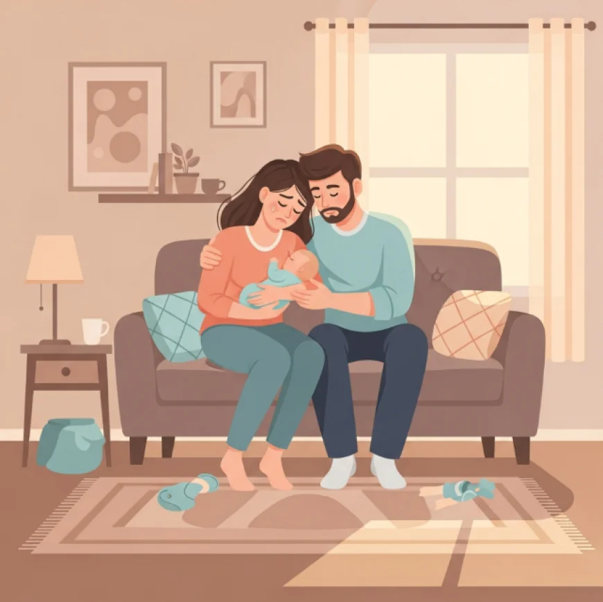 New parents caring for their newborn baby with love, looking a little overwhelmed at home