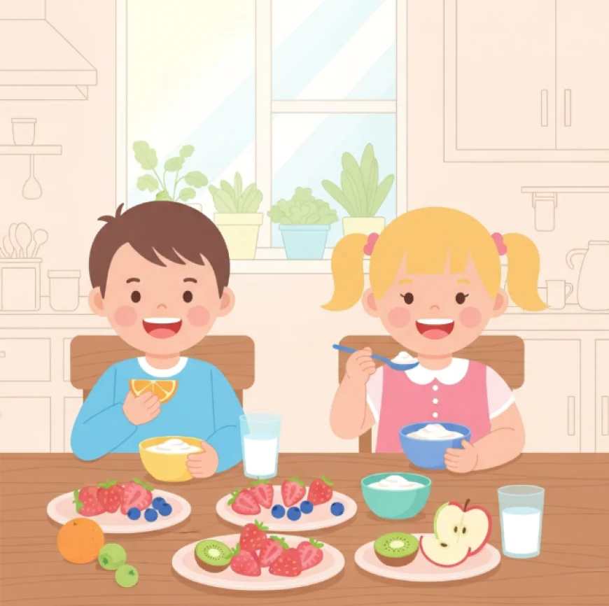 Children happily eating healthy snacks like fruit and yogurt at a cozy kitchen table