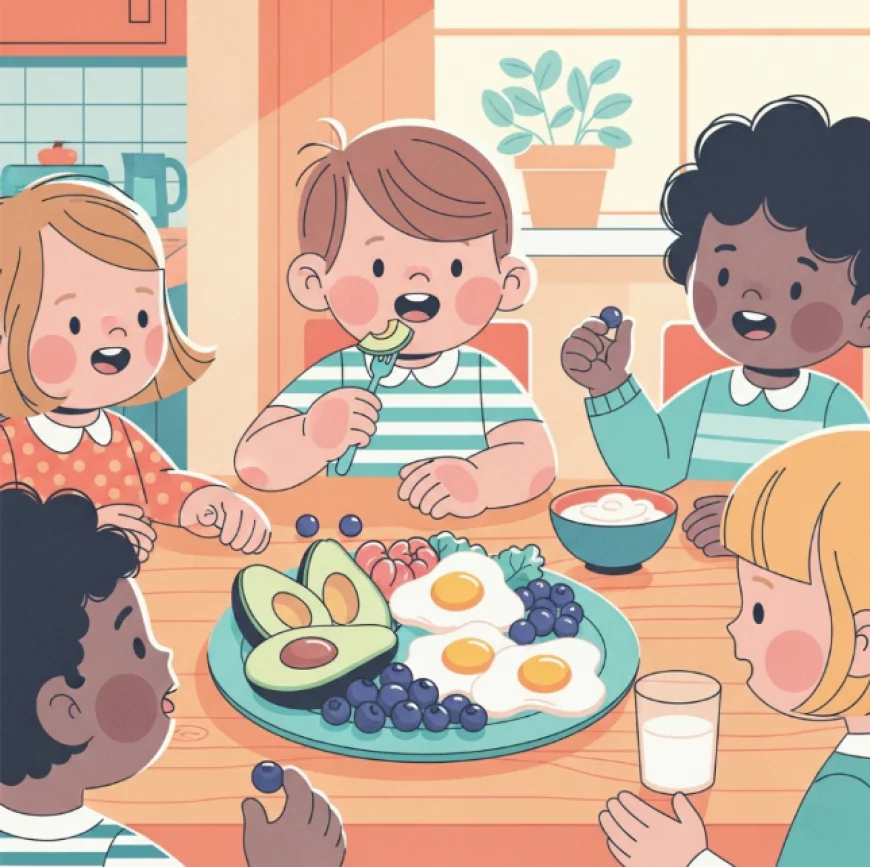 Children enjoying a colorful plate of superfoods such as avocado, eggs, and blueberries at a kitchen table