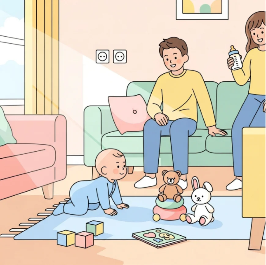 Baby crawling safely in a living room with socket covers, soft toys, and parents nearby