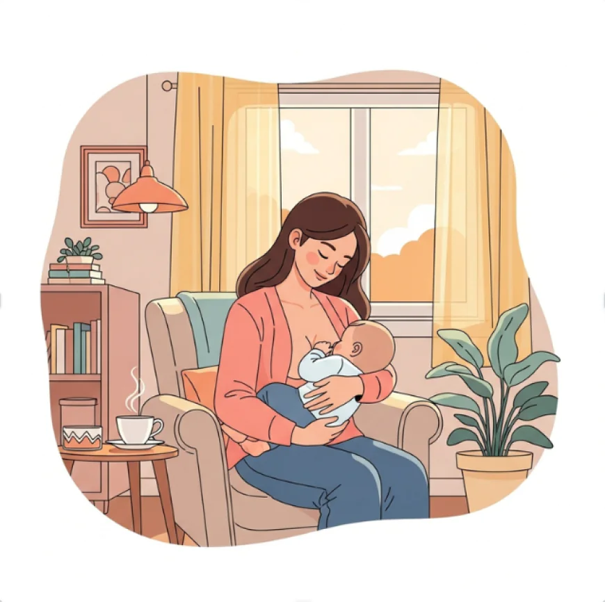 Mother breastfeeding her baby in a cozy room with warm lighting, showing love and care