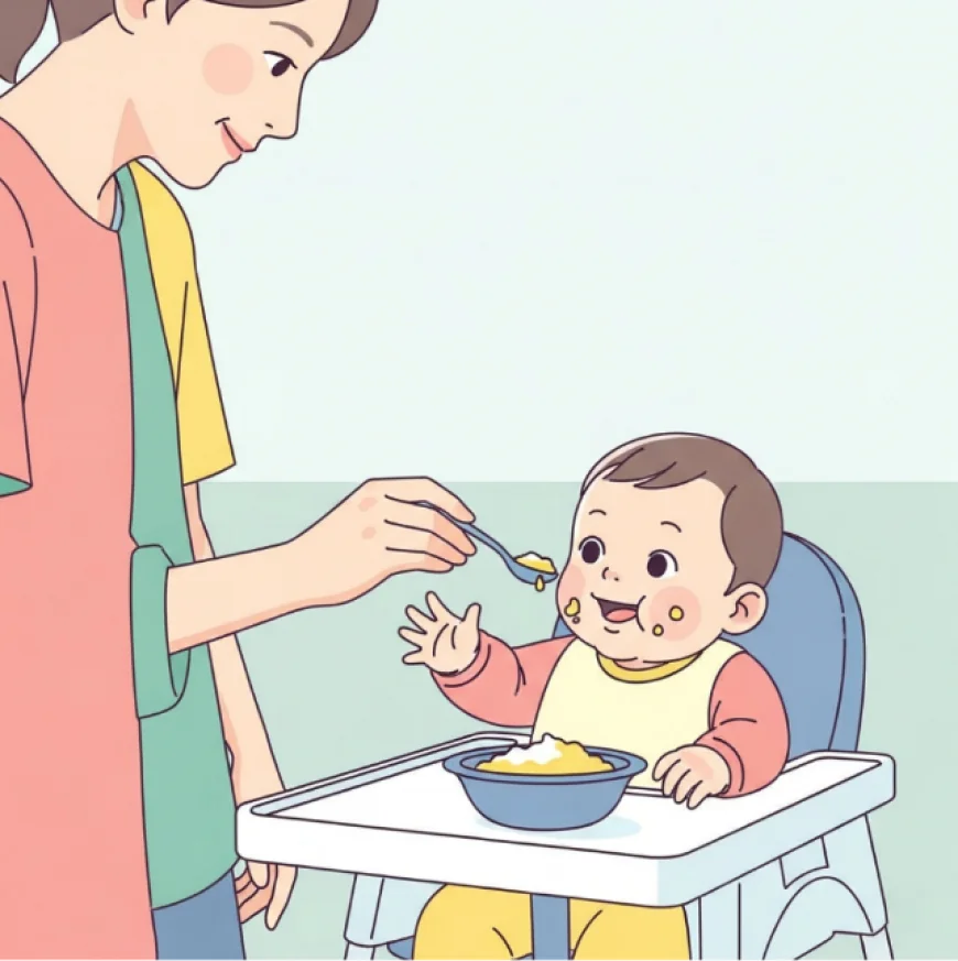 Happy baby sitting in a high chair tasting first spoonful of purée with parent smiling nearby