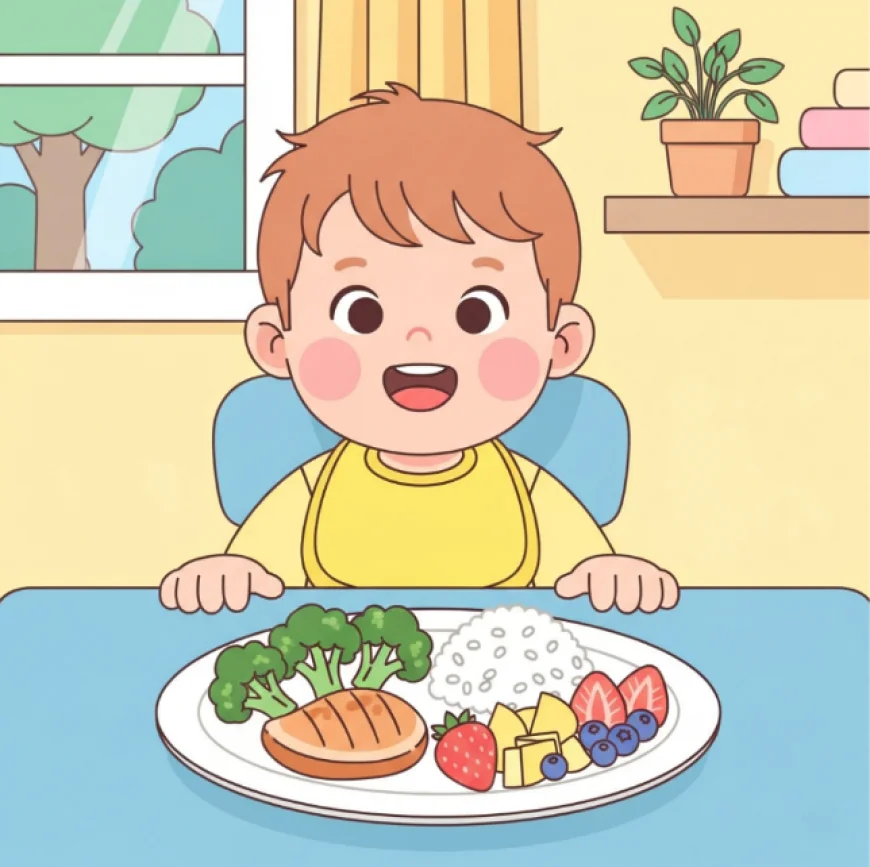 Smiling toddler sitting at a table with a balanced meal plate of chicken, broccoli, rice, and fruit