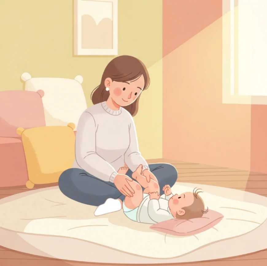 Mother gently massaging her baby’s legs on a soft blanket in a cozy room