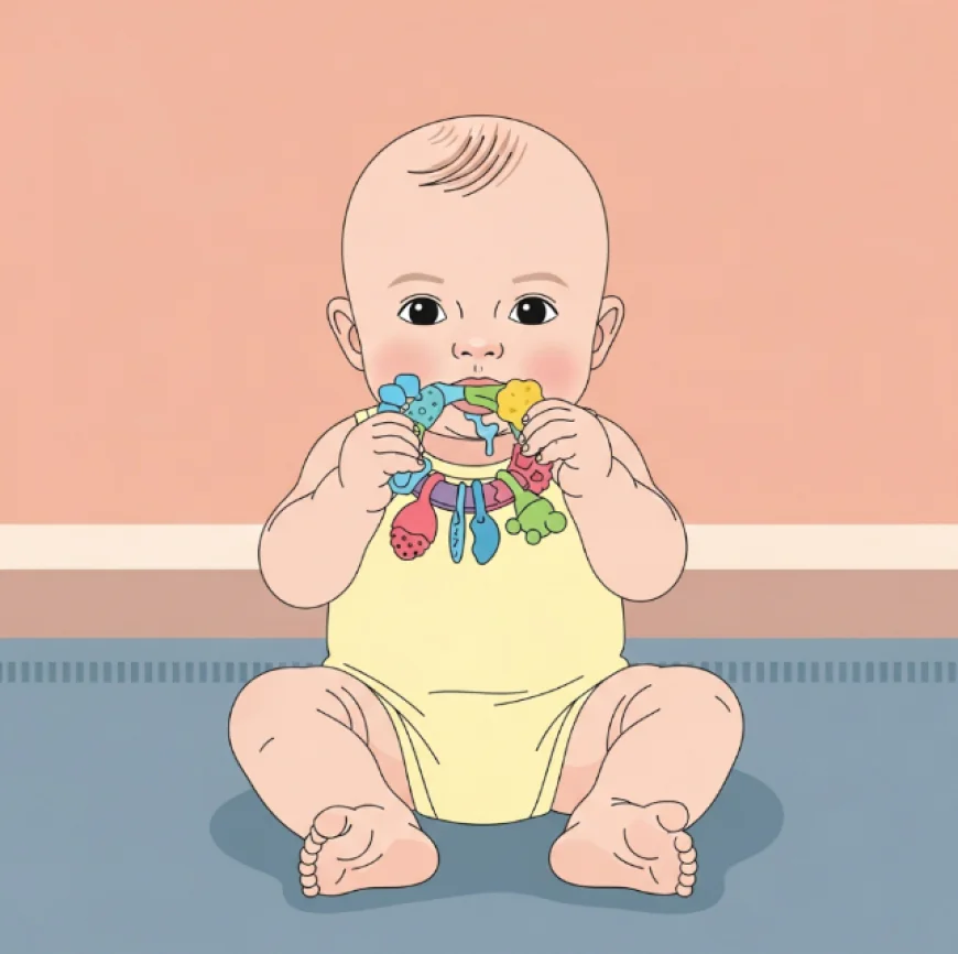 Baby chewing on a colorful silicone teething toy with drool on chin