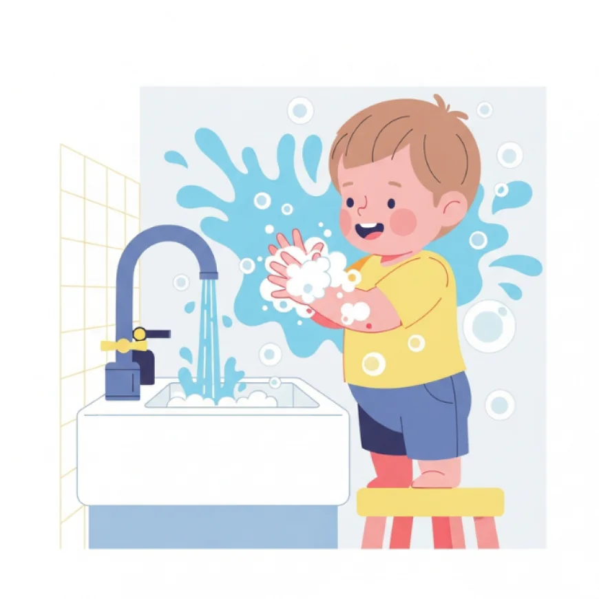 Smiling toddler washing hands with soap and water at a small sink