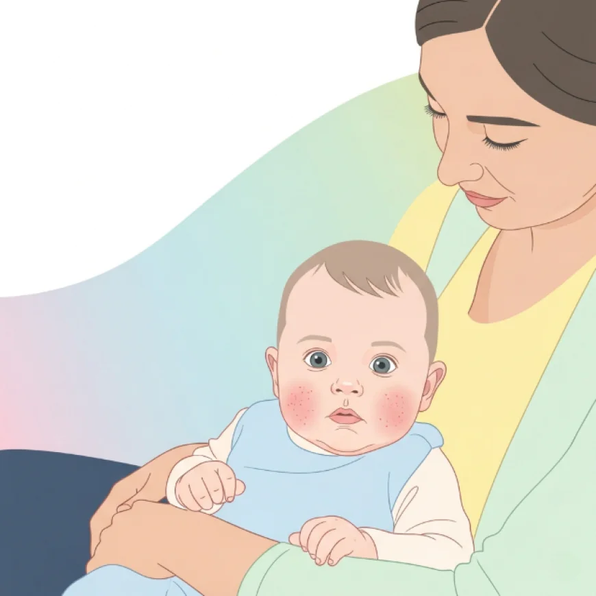 Baby with red rashes on cheeks sitting on parent’s lap