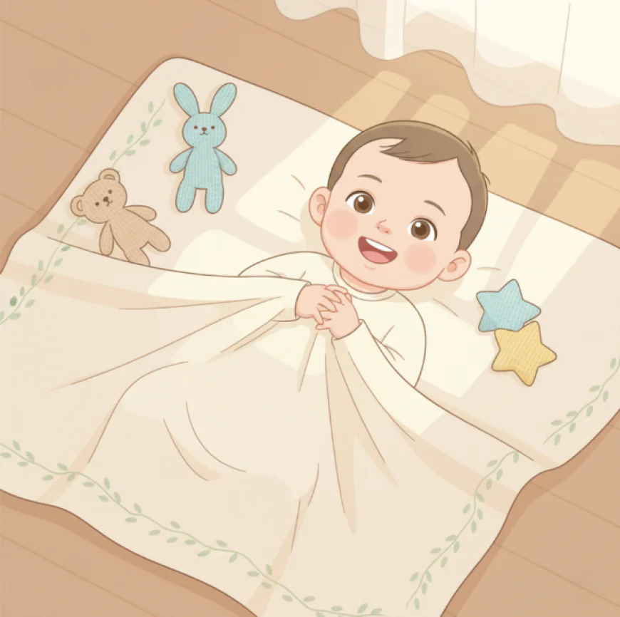 Baby lying on a soft organic cotton blanket smiling and relaxed