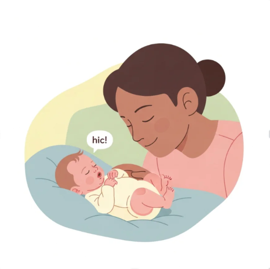 Newborn lying on a soft blanket hiccuping while parent watches gently