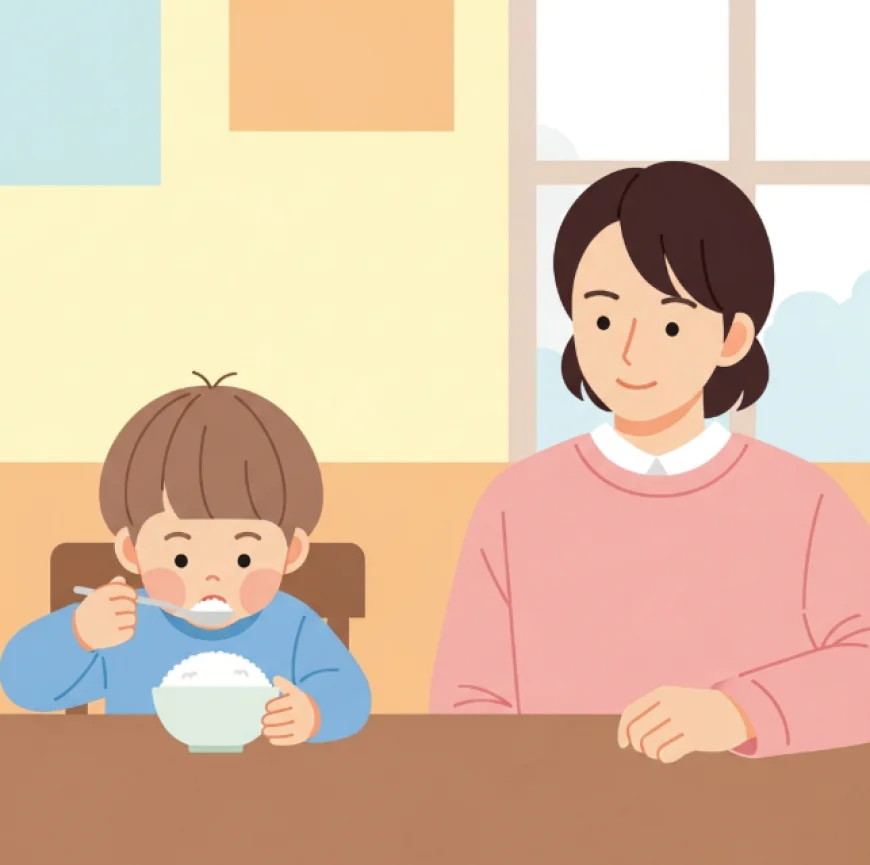 Child eating only plain rice while parent watches patiently