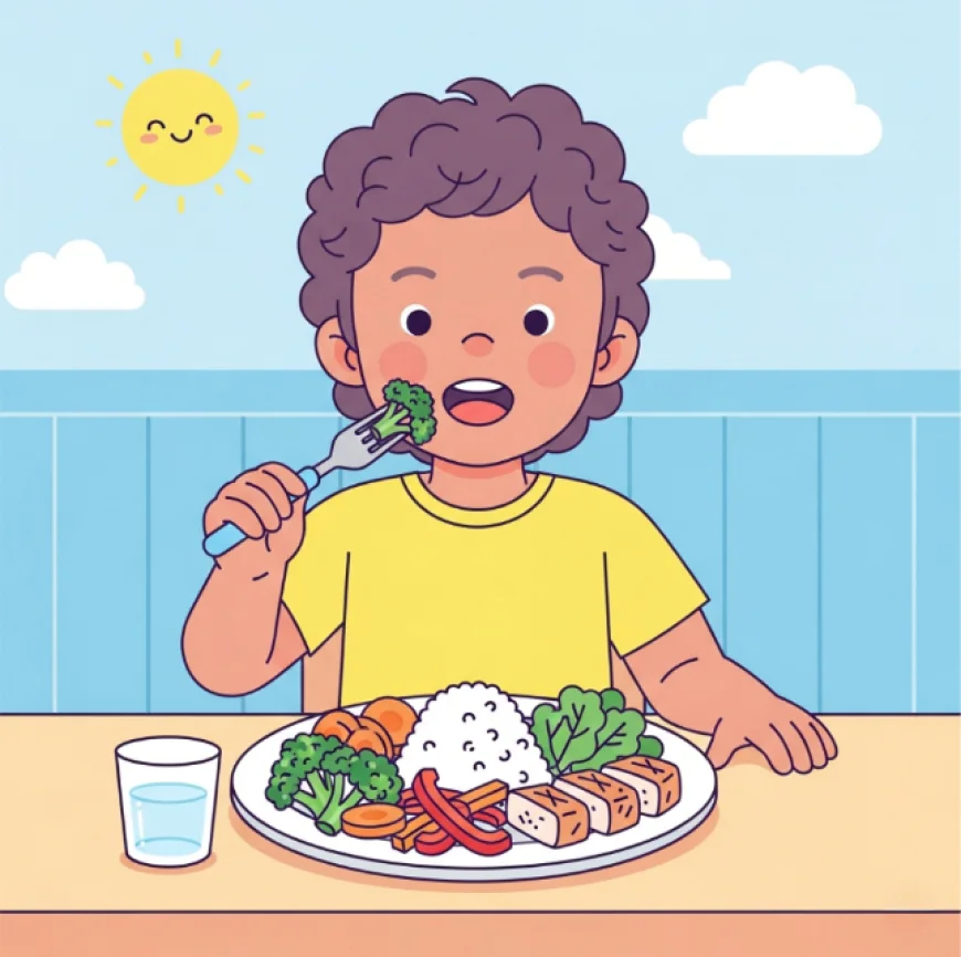 Preschooler eating balanced meal with parents at dining table.