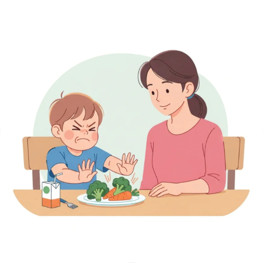 Preschool child pushing away a plate of food while parent looks concerned