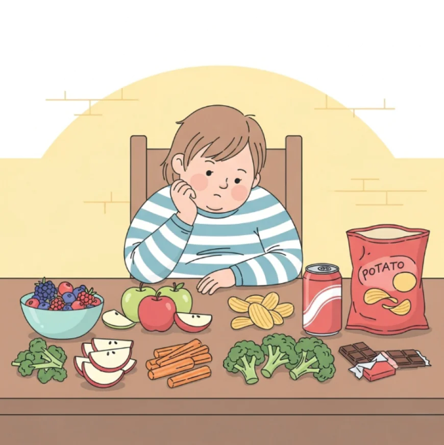 Overweight child sitting at table with healthy food and junk food choices