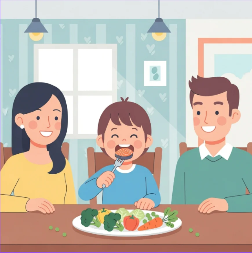 Child eating salmon and vegetables with parents at family dining table