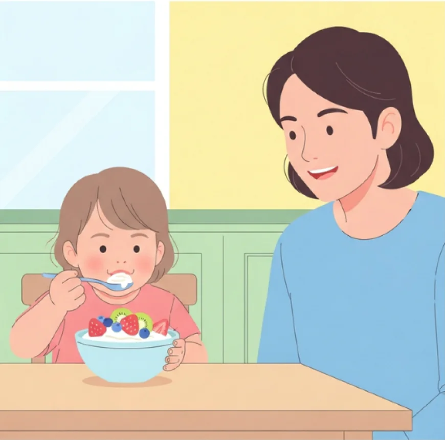 Child eating yogurt with fruit while parent smiles nearby