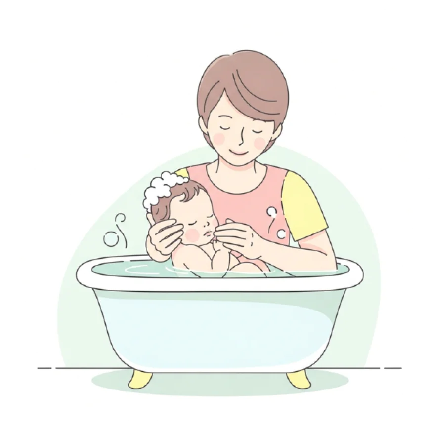 Parent gently holding a newborn in a small baby bathtub with warm water