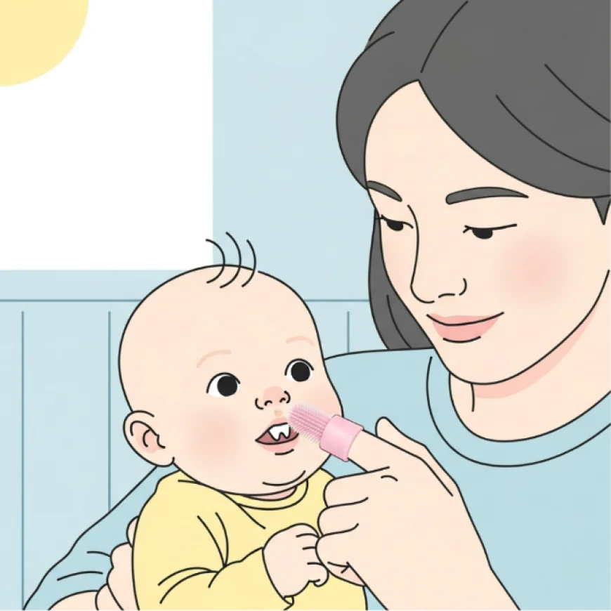 Parent cleaning baby’s first tooth with a silicone finger brush