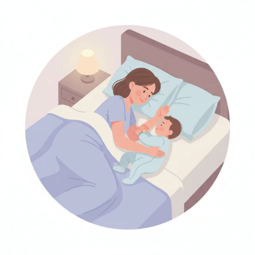 Parent lying on bed with baby in a safe co-sleeping position