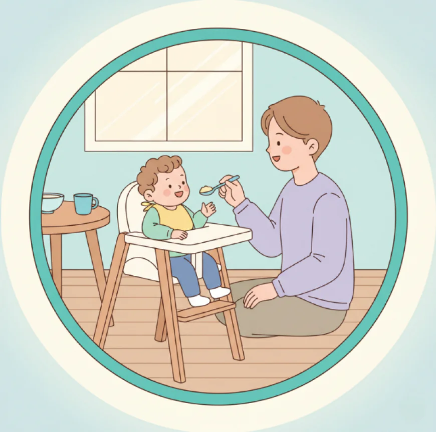 Baby sitting in a high chair while parent feeds with a spoon