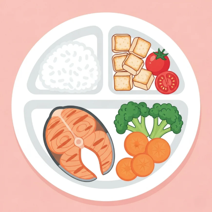 Balanced kids’ meal plate with rice, salmon, tofu, and vegetables
