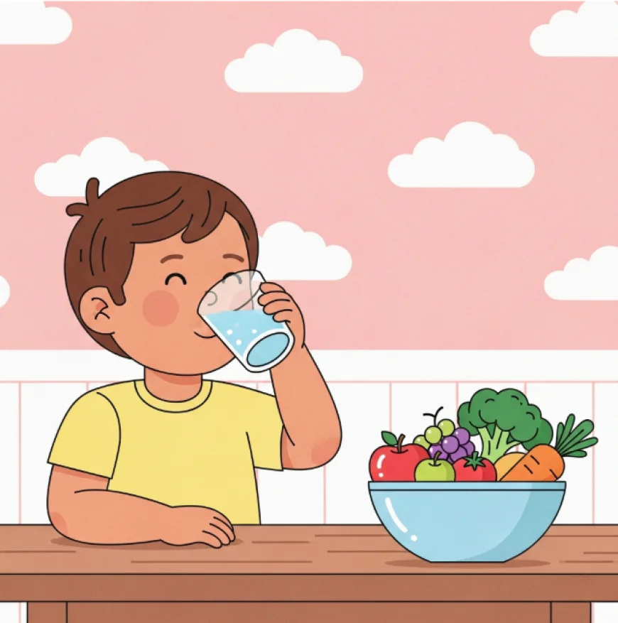 Child drinking water with fruits and vegetables on the table