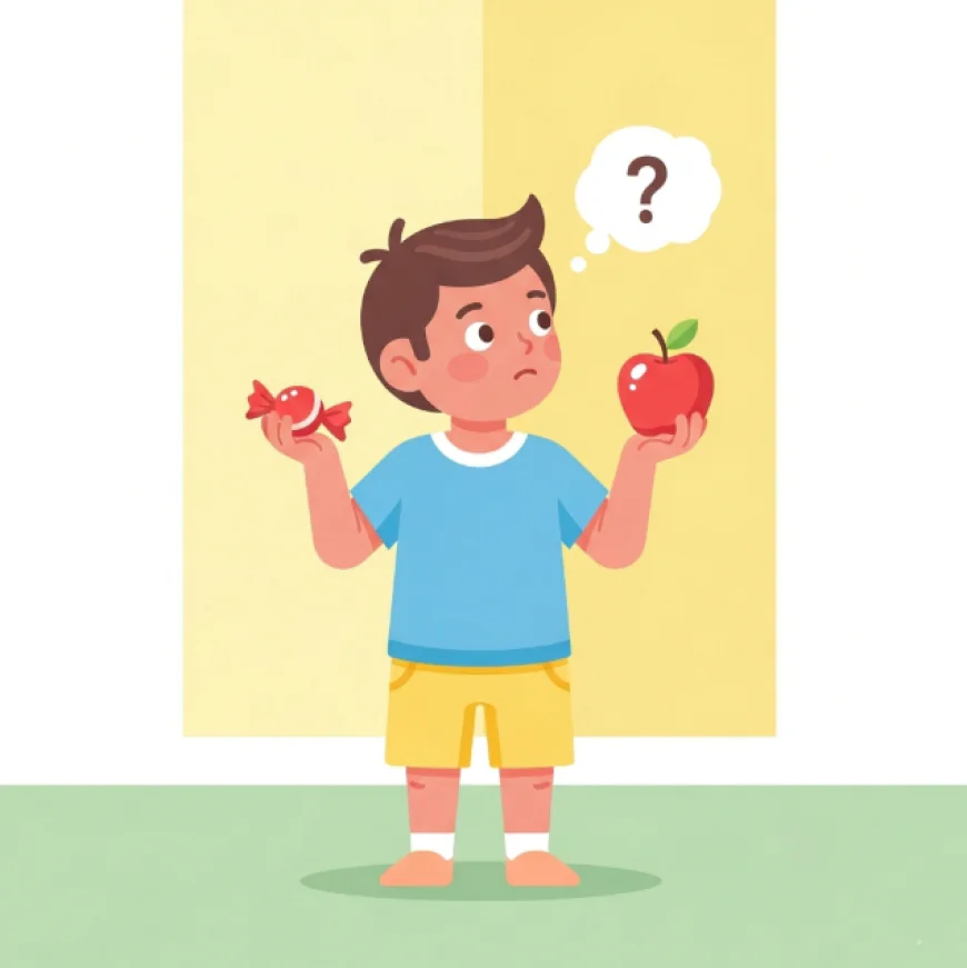 Child holding candy in one hand and fruit in the other
