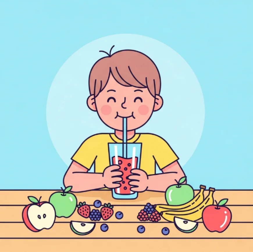 Child drinking a fruit smoothie with fresh fruits on the table